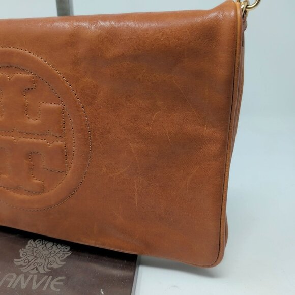Tory Burch Bombe Reva Clutch Shoulder Bag Brown Leather - Picture 3 of 13